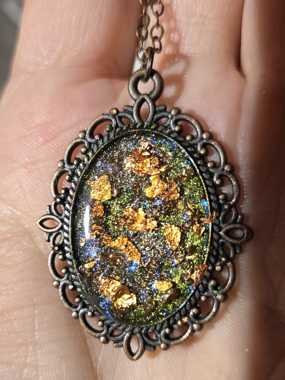 Hand Crafted Iridescent Green,Gold, And Copper Leaf Oval Pendant Necklace